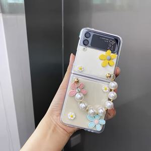 TEMU 휴대폰 케이스 - 갤럭시 Z 플립 3 4 5 6 패션 플립 폰 케이스용 새 여름 작은 노란색 꽃 접이식 휴대폰 케이스, 진주 체인 포함