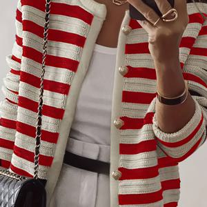 TEMU 세련된 컬러 블록 라운드넥 긴팔 가디건, 시크한 스타일의 버튼 장식