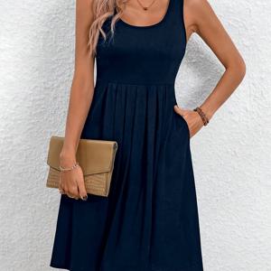 TEMU 단색 컬러 크루넥 탱크 드레스, 캐주얼 슬리브리스 러칭 포켓 드레스 봄 & 여름, 여성 의류