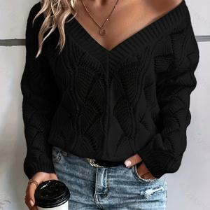 TEMU V넥 홀아웃 롱슬리브 솔리드 컬러 패션 니트웨어