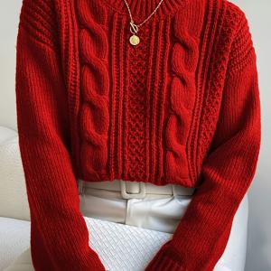 TEMU 여성 솔리드 컬러 라운드넥 스웨터, 가을/겨울용 루즈핏 긴팔 풀오버 스웨터