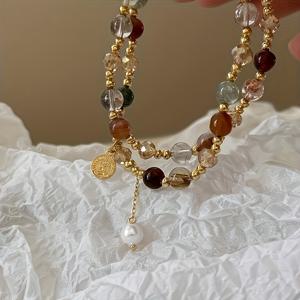 TEMU 1개 빈티지 감성의 라이트 럭셔리 더블 레이어 구리 비즈 팔찌, 데일리웨어 또는 파티에 완벽한 페스티브 선물, 비즈 색상은 랜덤