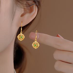 TEMU 빈티지 트라이벌 스타일 18K 금도금 합성 옥 프렌치 드롭 귀걸이 - 구리 베이스, 일상 착용 및 선물용, 사계절 적합