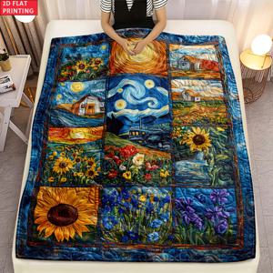 TEMU 2D 평면 1개 반 고흐 별이 빛나는 밤 소파, 침실, 거실, 침대, 카우치, 의자용 부드럽고 따뜻한 담요-경량 플란넬, 가족 또는 친구 선물, 캠핑, 여행용 플란넬 원단 프린팅 담요, 2D 평면