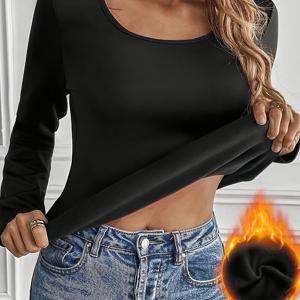 TEMU 가을 겨울 플리스 두꺼운 사각 칼라 긴팔 티셔츠 여성 솔리드 컬러 탄성 베이스 셔츠 탑 여성