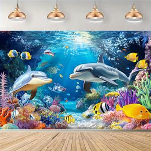 TEMU 1개, 바다의 바다 장면 파티 배너 벽 배경, 다목적 파티 배너, 두 마리의 돌고래는 산호와 물고기를 헤엄치며 헤엄치고 있습니다. 프린트 사진 배경, 축제 휴일 크리스마스 웨딩 테이블 장식, 전원 필요 없음