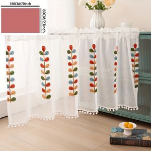 TEMU 생동감 넘치는 네 가지 색상 잎사귀와 풀 디자인 시스루 커튼 - 반투명 폴리에스터 소재, 푹신한 폼폼 가장자리, 쉬운 걸이 로드 포켓 스타일 - 주방 및 거실 장식에 완벽, 주방 커튼
