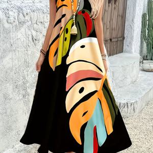 TEMU 우아한 여성용 컬러풀 잎사귀 프린트 민소매 맥시 드레스, V넥과 얇은 스트랩, 생동감 넘치는 추상 디자인 여름 의상