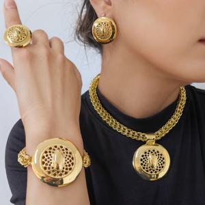 TEMU 아프리카 목걸이 두바이 골든 여성용 주얼리 세트 5pcs 목걸이 팔찌 귀걸이 반지 웨딩 신부 여행 파티 펜던트 액세서리