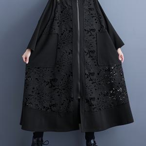 TEMU 일본 스타일 레이스 패치워크 캐주얼 롱 트렌치 코트, 다용도 루즈핏 패셔너블 블랙 후드 재킷