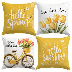TEMU 4팩 봄 테마 토우 베개 커버, 18x18 인치, 현대 스타일, 기계 세척 가능, 지퍼 클로저, 직조 폴리에스테르, 다양한 방 유형, 소파, 소파, 침대용 장식 베개 케이스 - 하이로 선샤인, 튤립, 노란 자전거 디자인 (베개 인서트는 포함되지 않음)