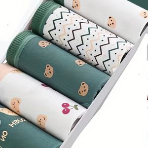 TEMU 귀여운 녹색 곰돌이 만화 스타일 속옷 5개 세트, 편안하고 부드럽고 통기성이 좋은 여성용 팬티