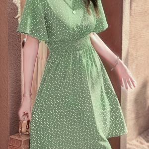 TEMU 우아한 방향성 하트 올오버 프린트 나비 소매 라운드 넥 드레스