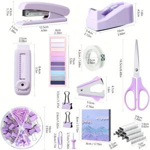 TEMU 10-in-1 궁극의 개학 학습 세트, 스테이플러, 스티커, 가위, 테이프 등이 포함된 책상 정리함 - 학생 및 창의적인 마음을 위한 완벽한 선물 (보라색 / 핑크)