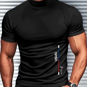 TEMU 남성용 슬림핏 스트레치 하이넥 반팔 티셔츠 - 여름 캐주얼 레터링 프린트, 세탁기 사용 가능, 비침 방지 원단, 일상복, 모던 룩, 중간 신축성, 따뜻한 날씨 의류, 스타일리시 패션, 통기성 원단, 프린트 셔츠, 청년용