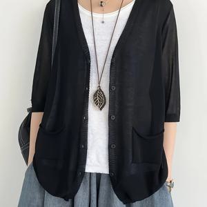 TEMU 플러스 사이즈 - 플러스 사이즈 - 2025년 신상 플러스 사이즈 여성 의류 얇고 넉넉한 오픈 프론트 V넥 자외선 차단 커버업 캐주얼 다용도 포켓 스웨터 여성용 오픈 프론트 가디건 숄 에어컨 스웨터