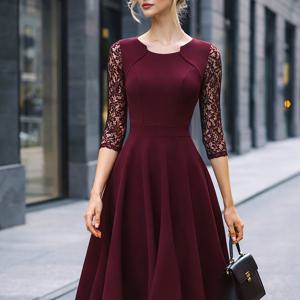TEMU 여성 레트로 우아한 드레스 레이스 3/4 소매 라운드넥 하이웨스트 A라인 드레스, 데이트 파티, 연회 및 휴일 착용에 적합한 패셔너블한 인성 드레스