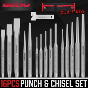 TEMU 16개 SEDY 정밀 펀치 & 조각 세트 | 테이퍼 펀치, 핀 펀치, 센터 펀치, 냉철 & 게이지 포함, 크롬 바나듐강, 광택 엔드, 은회색