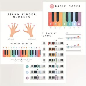 TEMU 3개입 기본 피아노 지식 차트 초보자용, 가정 연습, 방, 가족 사무실, 거실, 교실 벽 장식, 인쇄된 포스터 - 8X10인치 액자 없음