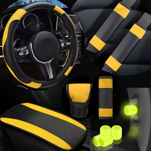 TEMU 10개입 고급 편안한 인조 가죽 자동차 핸들 커버 기어 변속 노브 커버 팔걸이 박스 패드 어깨 보호대, 4개 형광 자동차 타이어 밸브 스템 캡, 방수 발광 PVC, 사계절 범용 자동차 내부 세트