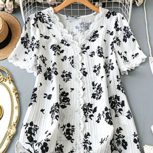 TEMU 플러스 사이즈 여성용 플로랄 프린트 V넥 레이스 트림 블라우스 - 우아한 캐주얼 반팔 셔츠, 사계절 착용 가능한 H라인 핏, 비침 방지 원단