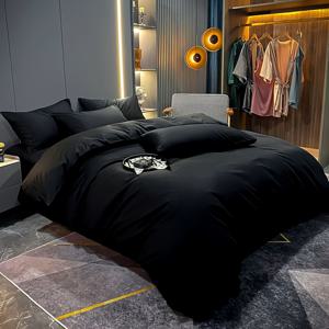 TEMU 블랙 침구 3종 세트, 부드럽고 편안하며 통기성 좋음, 침실, 손님방, 기숙사 장식용, 이불 커버 1개 + 베개 커버 2개, 속통 미포함