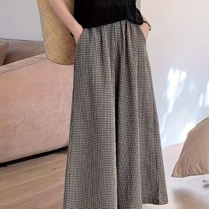 TEMU 여성용 슈퍼 컴포터블 발목 팬츠, 긴 바지, 흑백 체크무늬 신축성 허리밴드 와이드 레그 캐주얼 라운지 팬츠, 스위트 일본 스타일 흑백 체크무늬 여성용 캐주얼 팬츠, 여름 하이웨이스트 루즈핏 캐주얼 패션 활용도 높은 와이드 레그 레그 팬츠