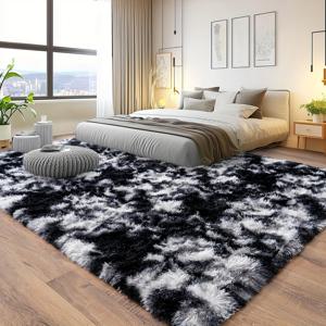 TEMU 럭셔리 타이다이 블랙 앤 화이트 플러시 침실용 러그, 미끄럼 방지 푹신한 퍼리 샤그 카펫, 플러시 소프트 귀여운 샤기 침대 옆 실내 바닥 러그, 거실 홈 데코 에스테틱, 두꺼운 메모리 스펀지, 진공 포장
