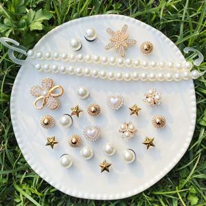 TEMU 26개 골드 탈착식 신발 장식 ABS 진주 체인 골드 라인스톤 꽃 하트 펜타곤, 샌들 비치 슬리퍼 포장 장식, 완벽한 휴일 선물