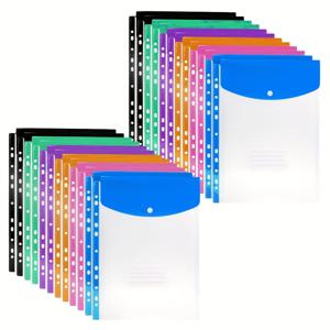 TEMU 포켓형 확장형 파일 폴더 24개, 11홀 바인더용 플라스틱 봉투 바인더 포켓, 2/3/4링 바인더에 적합, 스냅 버튼 및 라벨 포함, 학교, 사무실, 가정용으로 적합