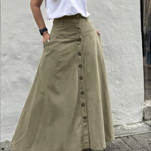 TEMU 여성용 우아한 단색 하이웨이스트 미디 기장 하프 스커트, 실용적인 포켓과 버튼 앞면 슬릿 A라인 디자인의 패셔너블하고 다재다능한 스커트, 봄 여름 가을 겨울 착용