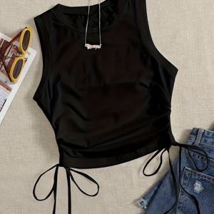 TEMU 솔리드 컬러 민소매 탱크 탑, 라운드넥