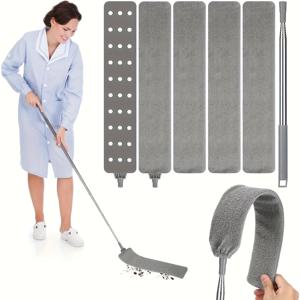 TEMU 손잡이 길이 조절이 가능한 신축형 극세사 먼지떨이, 세탁 가능한 커버 4개 포함 - 정전기 먼지떨이 겸 보풀제거 브러시, 틈새용 먼지떨이, 가구 밑, 소파, 캐비닛, 침대 등에 적합