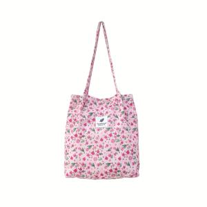 TEMU 1팩 튤립 플로럴 프린트 코듀로이 토트백 - 여성용 미디엄 캐주얼, 버튼 클로저, 기계 세탁 가능, 라이트 베이지 & 핑크, 일본-한국 스타일 피크닉 휴가 일상용, 폴리에스터 안감