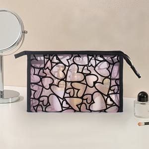 TEMU 하트 패턴이 있는 대형 투명 메쉬 메이크업 백 - 여행용 휴대 가능한 화장품 정리함, 남녀공용 화장품 파우치, 혼합 색상, 트렌디한 디자인, 튼튼한 구조, Onthego
