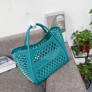 TEMU 내구성 있는 쉬운 세척 PVC 중공 젤리 토트백 - 통기 구멍이 있는 가벼운 비치, 피크닉, 장보기 및 샤워 보관 바스켓, 생동감 넘치는 터키석색 피크닉 필수품 캐리어