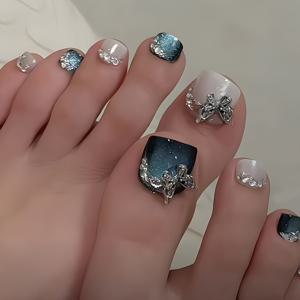 TEMU 파란색 나비와 라인스톤이 있는 반짝이는 인조 발톱 24개 세트 (여성용, 재사용 가능)