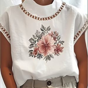 TEMU 여름 패션 신상 할로우 레이스 패치워크 프린트 배트윙 슬리브 스탠드 칼라 티셔츠 여성용