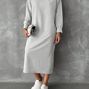 TEMU 여성용 캐주얼 데일리 슬릿 라운드넥 솔리드 컬러 롱 드레스