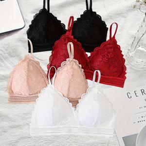 TEMU 심플한 솔리드 컬러 플로랄 레이스 여성용 브라 4세트, 조절 가능한 스트랩, 캐미솔 스타일, 언더와이어 없음, 여성 속옷