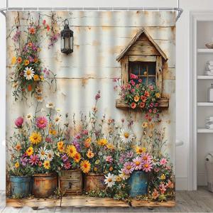 TEMU 1개 러스틱 가든 샤워 커튼 - 크림색 나무 벽, 연속적인 핑크 오렌지 꽃, 금속 랜턴 & 데이지/해바라기와 빈티지 플로랄 디자인 - 내구성 있는 폴리에스터 원단, 세탁 가능, 70.8x70.8인치, 욕실 장식용 후크 12개 포함, 우아한 샤워 커튼, 쉬운 설치, 질감 배경