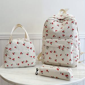 TEMU 새로운 체리 프린트 코듀로이 학교 가방 세트, 고품질 대용량 노트북 백팩 (중고등학생용)