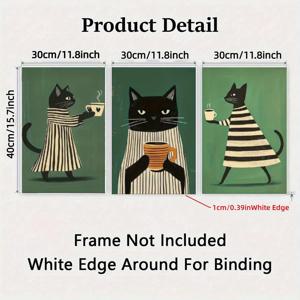 TEMU 2D 플랫, 2D 플랫, 3개/세트 검은 고양이 패턴 콜드 브루 커피, 그린 아트 포스터, 레트로 퀀틱 벽화, 흑백 주방 포스터 장식, 동물 프린트, 실내 세로 방향, 거실, 침실