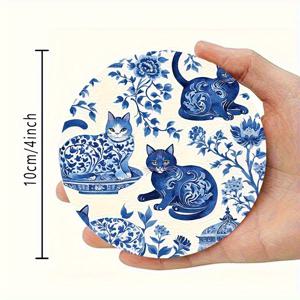 TEMU 6개 파란색 및 흰색 도자기 고양이 패턴 나무 코스터 - 우아한 플로럴 패턴, 커피 테이블, 주방 또는 거실 장식에 적합, 고양이 애호가를 위한 이상적인 선물 | 예술적인 고양이 패턴 | 고양이 장식
