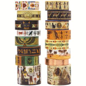 TEMU 16롤 이집트 와시 테이프 세트, 불릿 저널, 플래너, 스크랩북, 공예 및 선물 포장용 황금 포일 롤 1개 포함된 고대 이집트 패턴