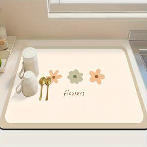 TEMU 1개 꽃무늬 주방 카운터 매트 - 미끄럼 방지 빠른 건조 식기 건조 매트 (베이지/카멜), 내열 싱크대용 드레이너 패드, 대형/중형/특대형 사이즈 (30x40cm, 40x50cm, 50x80cm) - 장식용 주방 매트, 주방 도구 보관대