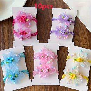 TEMU 5-10개 새로운 컬러풀 플라워 탄성 머리끈, 귀여운 메쉬 캔디 컬러 고탄성 헤어밴드, 포니테일 홀더, 개학 시즌 헤어 액세서리, 일상 및 휴일 파티용. 포장에 골판지 포함되지 않음, 꽃 안의 작은 공의 색상은 랜덤입니다