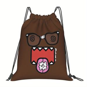 TEMU ZLIENSZUS Domo Kun 만화 캐릭터 드로스트링 가방 - 부드러운 폴리에스테르, 세탁기 세탁 가능, 포켓 포함, 공원 일, 도시 산책, 가벼운 여행 가방, 캐주얼한 분위기, 여행 가방