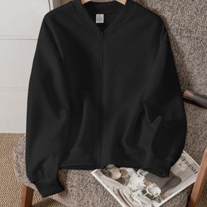 TEMU 여름철 여성용 가디건 재킷, 트렌디한 통근복 재킷, 지퍼 가디건 텍스처 원단, 루즈핏 골지 스티칭 넥라인, 여성 와플 재킷