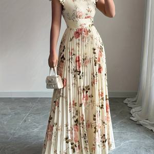 TEMU 여성용 우아한 플로럴 프린트 플리츠 밑단 롱 드레스, 여름